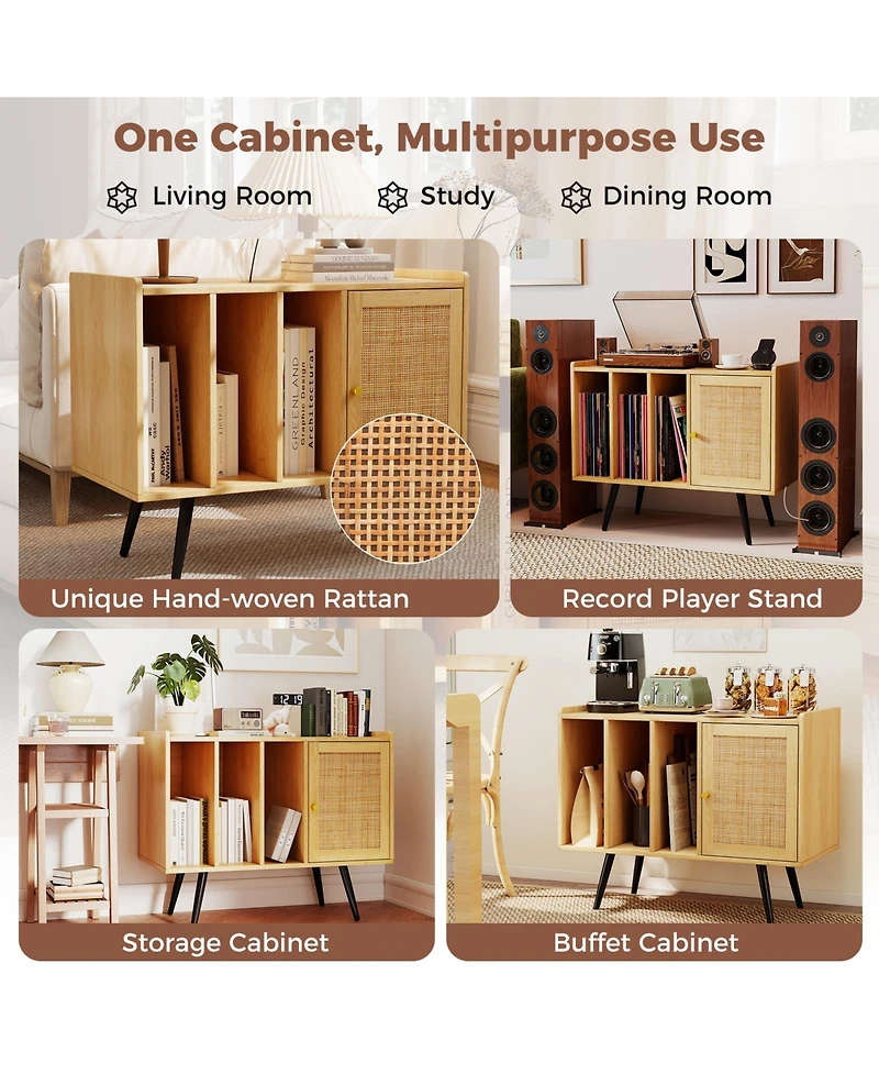 Sugift Record Player Stand with Charging Station and Rattan Cabinet for Living Room