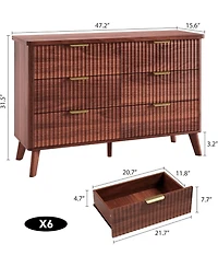 gaomon Walnut Modern Fluted 6-Drawer Dresser, Curved Profile with Handles for Bedroom