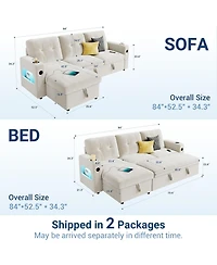 gaomon 84" Sleeper Sofa with Storage and Charging Station, Convertible Sectional Couch Bed Led Lights, Reversible Chaise, Pull Out
