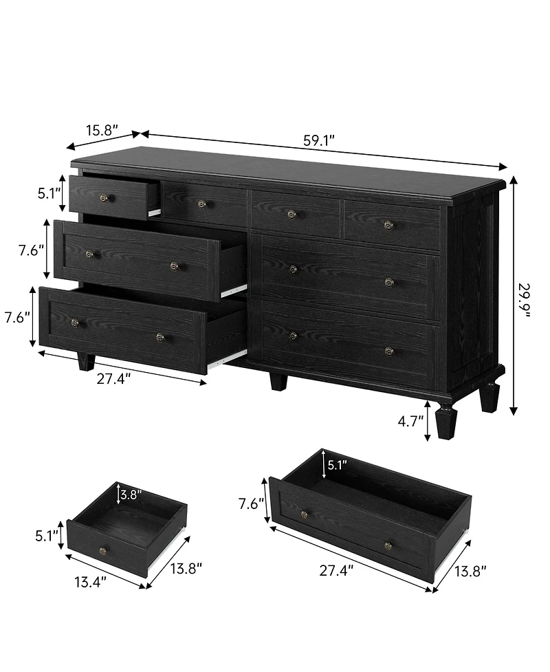 gaomon Bedroom 59" 8-Drawer Dresser Tv Stand, Wood Storage Chest with Carved Handles and Tapered Legs.