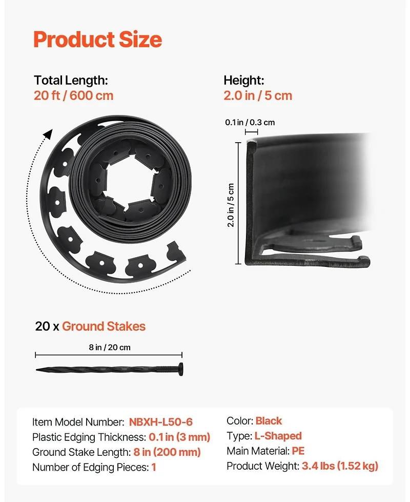 Sugift Landscape Edging, 20 ft x 2 in, Flexible Garden Border with 120 Spikes, Uv-Resistant