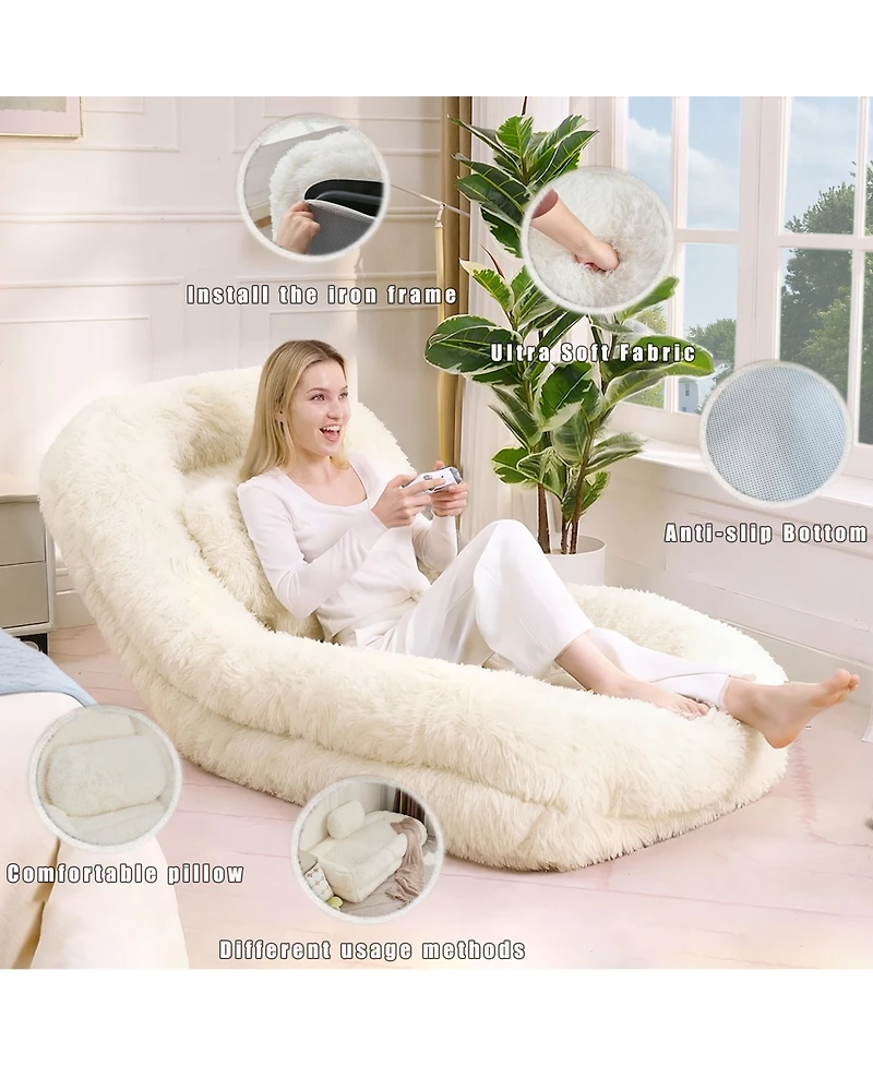 Rainsken Plush Human Dog Bed with 5-Position Adjustable Backrest, Foldable Lazy Sofa Floor Chair with Pillow for Living Room and Bedroom