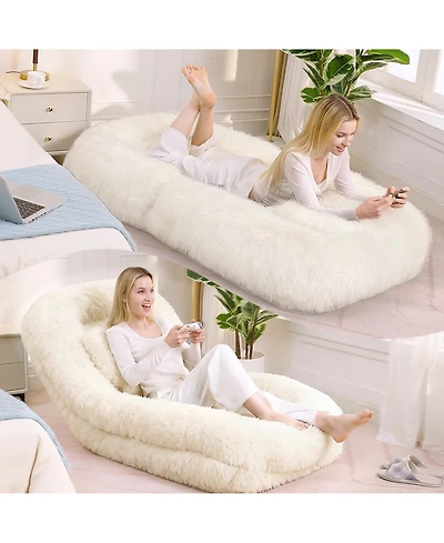 Rainsken Plush Human Dog Bed with 5-Position Adjustable Backrest, Foldable Lazy Sofa Floor Chair with Pillow for Living Room and Bedroom