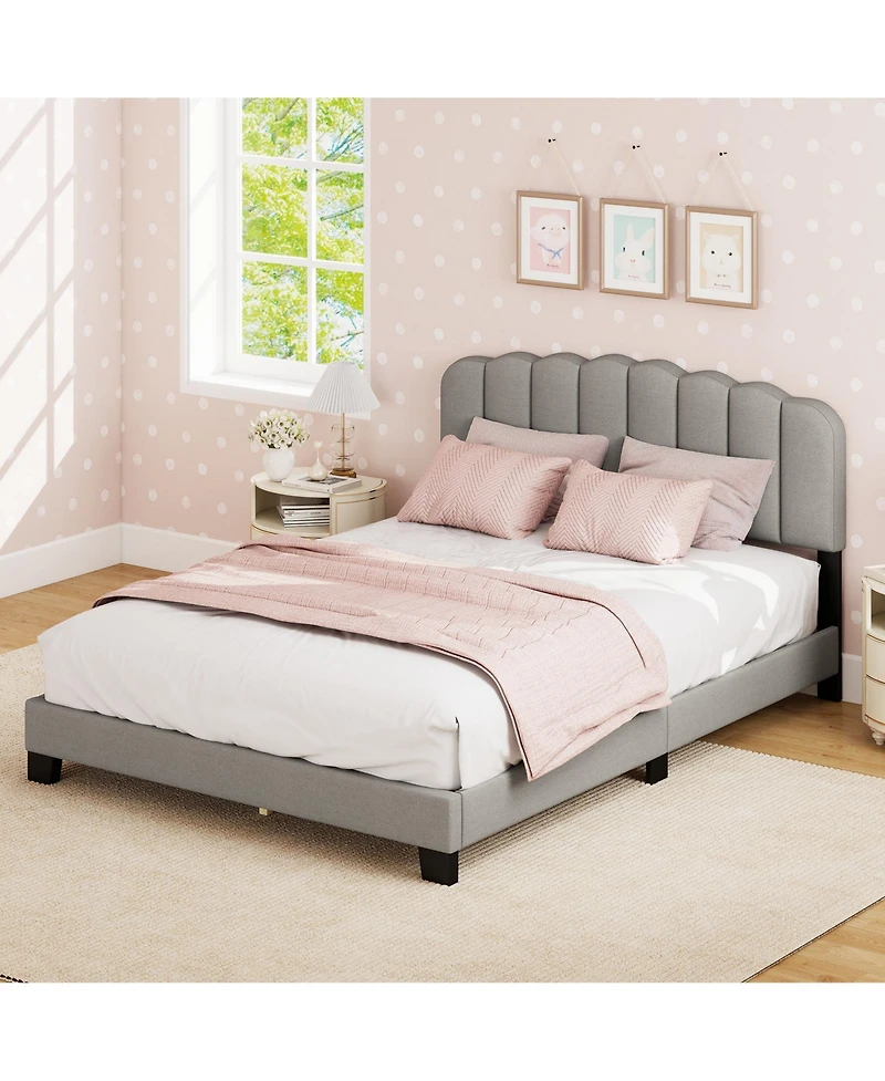 Sugift Queen Size Bed Frame with Adjustable Scalloped Tufted Headboard