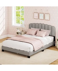 Sugift Queen Size Bed Frame with Adjustable Scalloped Tufted Headboard
