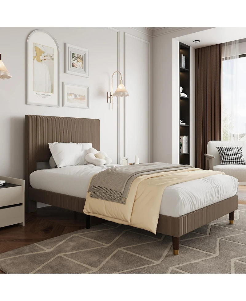 homfan upholstered platform bed with headboard, modern low profile design, sturdy metal frame, wood slats, noise free, no box spring