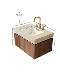 Busdays 30 Inch Floating Bathroom Vanity with Sink Plywood Cabinet Roma Travertine Stone Top Ceramic Basin 3 Pre Drilled Holes Brown Oak
