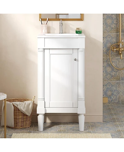 Sillysis 18 Inch French Bathroom Vanity with Ceramic Sink, Modern Freestanding Cabinet, Soft Close Door and Adjustable Storage for Small Spaces