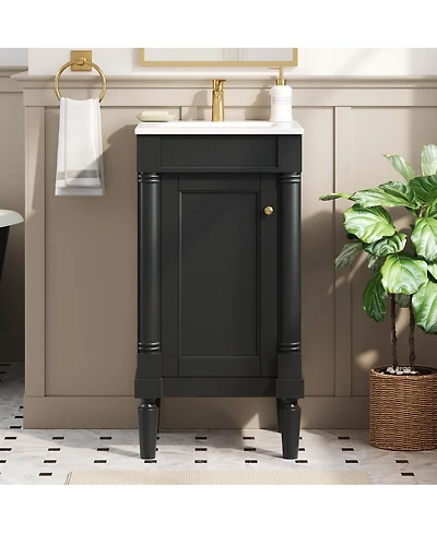 Sillysis 18 Inch French Bathroom Vanity with Ceramic Sink, Modern Freestanding Cabinet, Soft Close Door and Adjustable Storage for Small Spaces