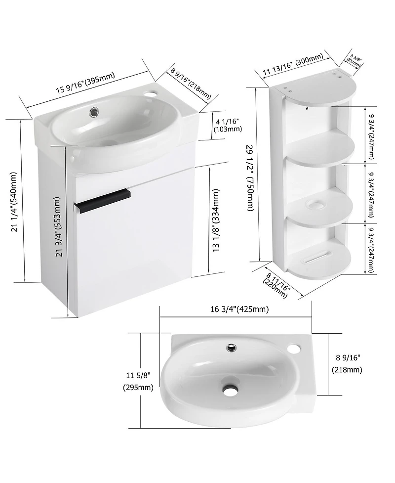Sillysis 16.8 Inch Bathroom Vanity with 3-Tier Storage Rack and Ceramic Sink, Black Wall Mounted Modern Cabinet, Soft Close Door for Small Spaces