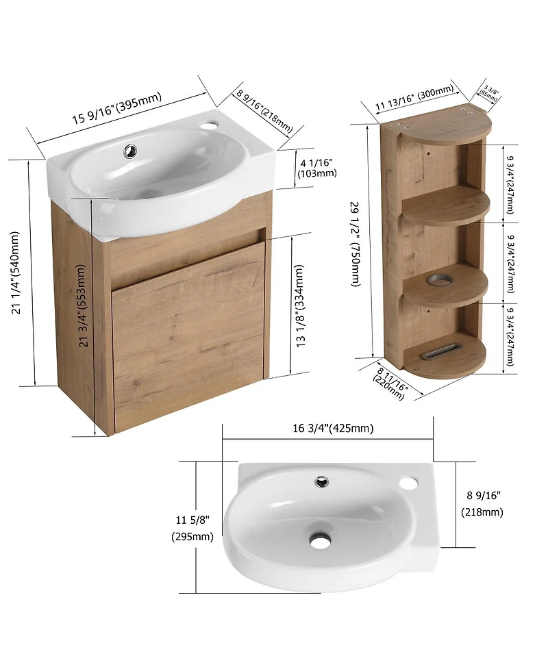 Sillysis 16.8 Inch Bathroom Vanity with 3-Tier Storage Rack and Ceramic Sink, Wall Mounted Modern Cabinet, Soft Close Door for Small Spaces
