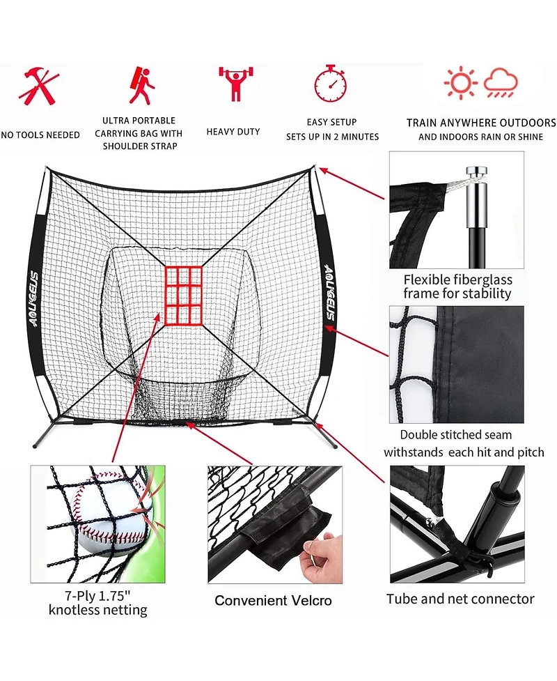Aoligeijs Baseball Softball Practice Net,Pitching Net,Batting Net,with Baseball Tee,Bonus Strike Zone and Bow Frame