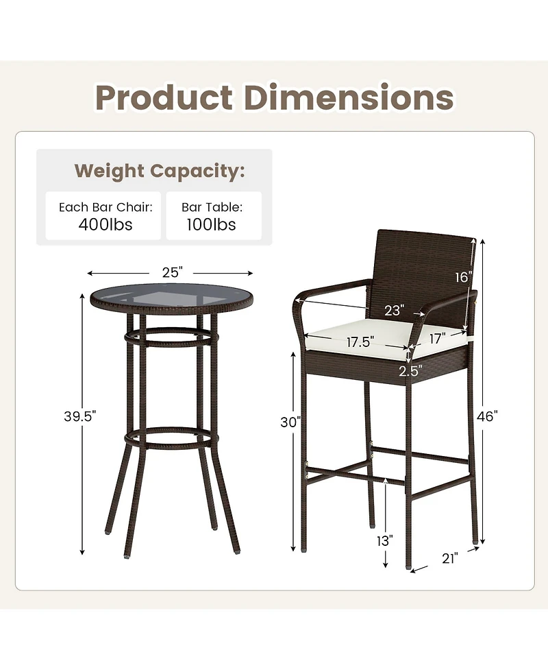 Sugift Patio Rattan Bar Height Table and Chairs with 2 Seat Cushions for Porch