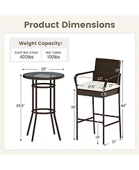 Sugift Patio Rattan Bar Height Table and Chairs with 2 Seat Cushions for Porch