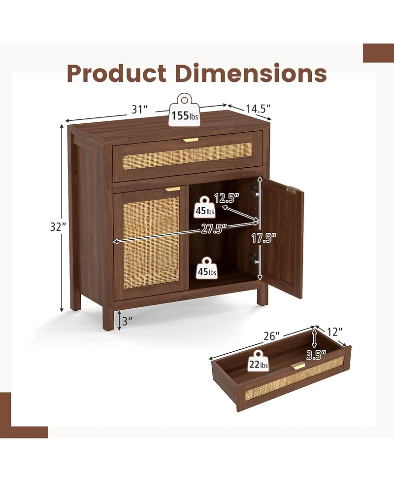 Gouun Sideboard Storage Cabinet with Rattan Doors and Drawer, 31 x 14.5 x 32 in