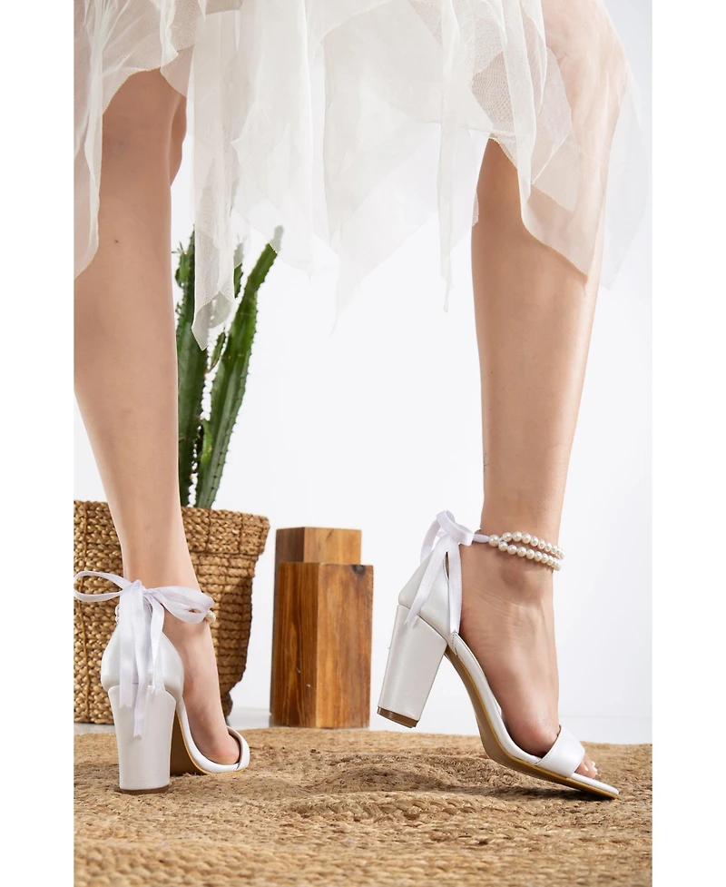 Forever & Always Shoes Women's Dina Block Heel Leather Sandals with Pearls