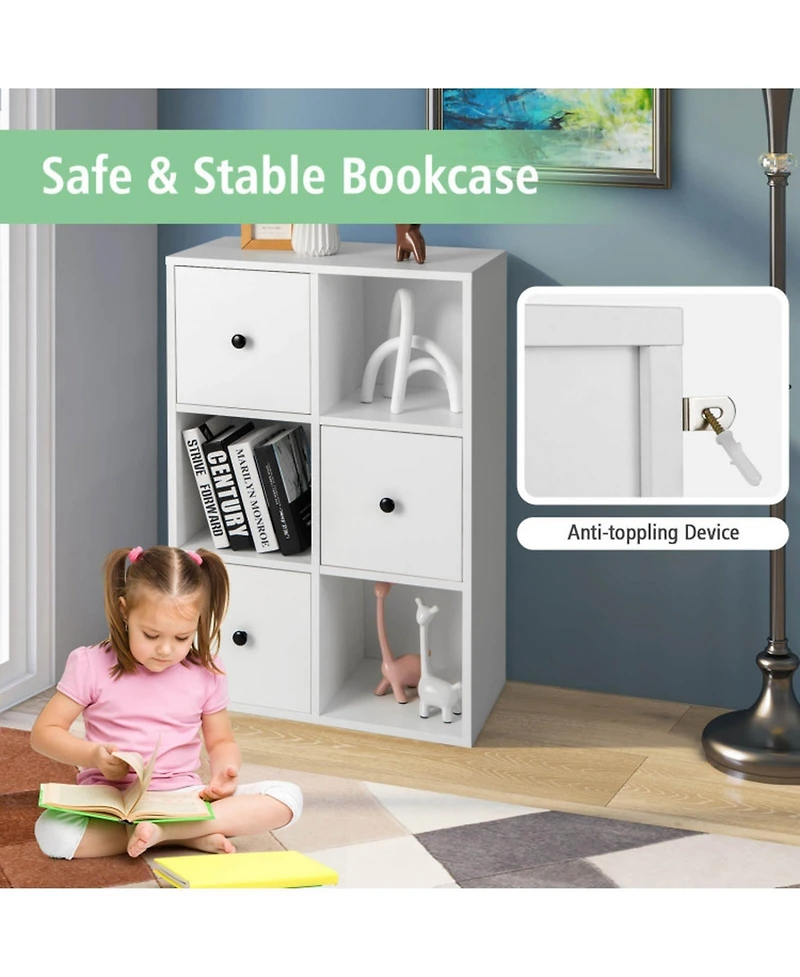 Gouun 3-Tier Cube Bookshelf with Drawers and Wall Anchor