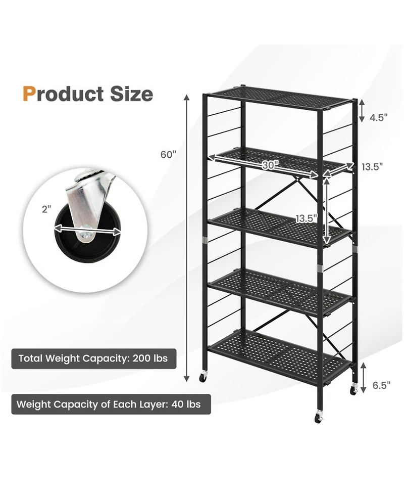 Gouun 5-Tier Foldable Metal Storage Shelving Unit on Wheels