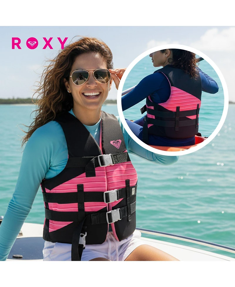 Roxy Uscg Approved Women s Life Vest, Light-Weight Epe Foam and Oversized Arm Holes, Three Belts with Quick-Release Buckles for Fishing and Boating