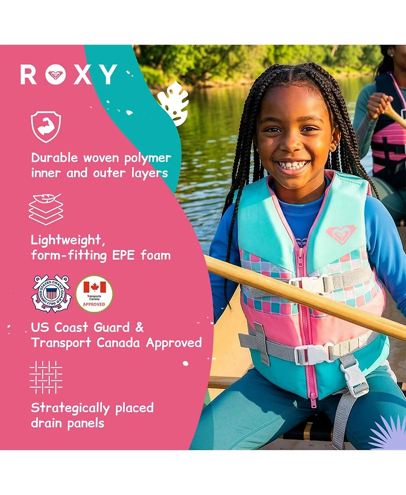 Roxy Kids Life Vest Uscg Approved with Quick-Release Buckles and Leg Strap, Lightweight Epe Foam for Boating, Fishing and Kayaking