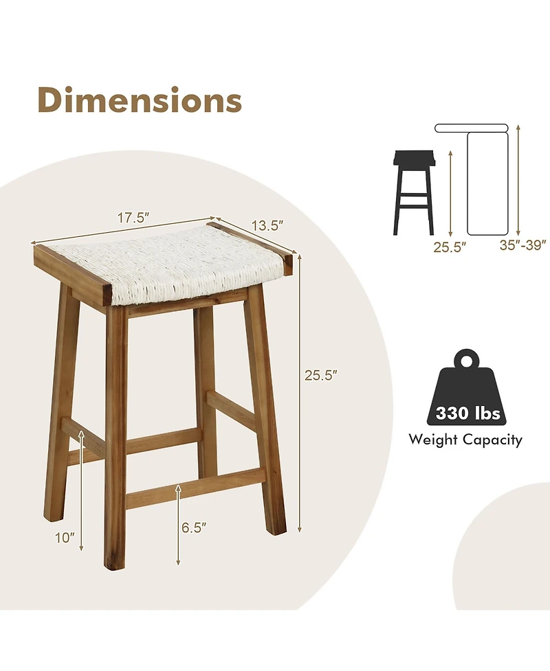 Gymax Set of 4 Saddle Bar Stools 25.5'' Counter Height Dining Stools w/ Seaweed Woven Seat