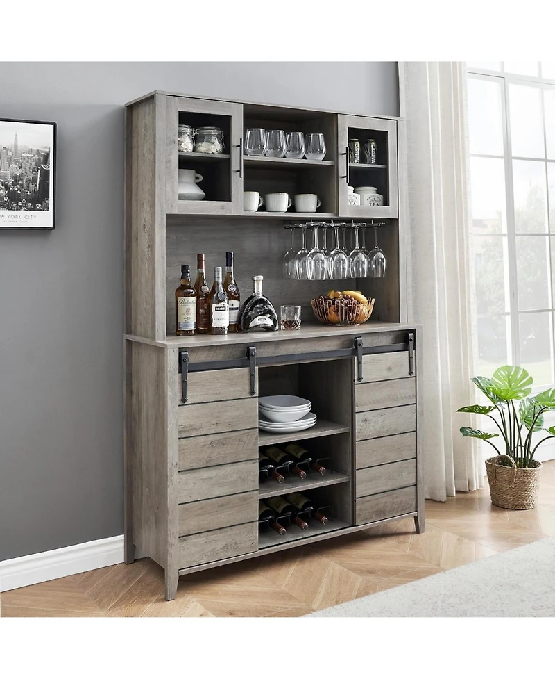 gaomon Tall Farmhouse Coffee Bar Cabinet, Kitchen Hutch Storage with Sliding Barn Door
