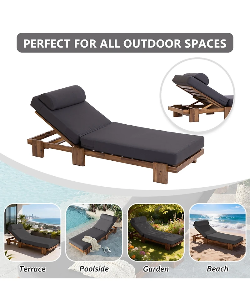 Rainsken 78.8'' Outdoor Chaise Lounge Chair, Acacia Wood Reclining Chair with Headrest, Retractable Side Tray and Adjustable Backrest for Beach