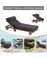 Rainsken 78.8'' Outdoor Chaise Lounge Chair, Acacia Wood Reclining Chair with Headrest, Retractable Side Tray and Adjustable Backrest for Beach