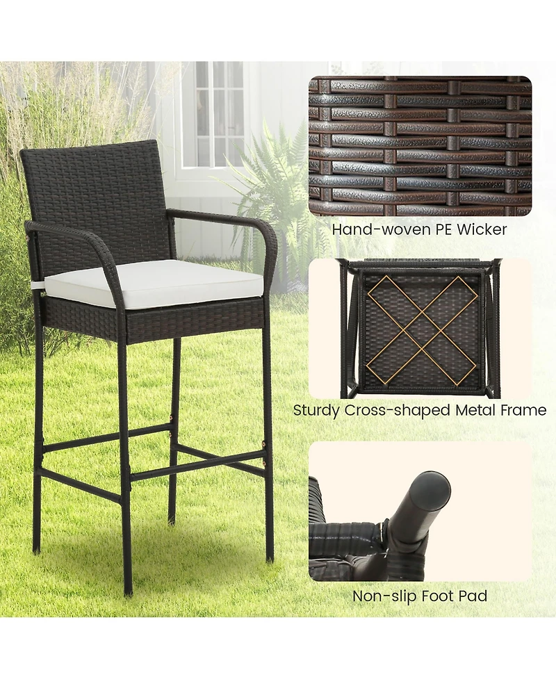Gymax Set of 2 Wicker Bar Stools Set Outdoor High Back Bar Counter Chairs w/ Cushions