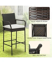 Gymax Set of 2 Wicker Bar Stools Set Outdoor High Back Bar Counter Chairs w/ Cushions