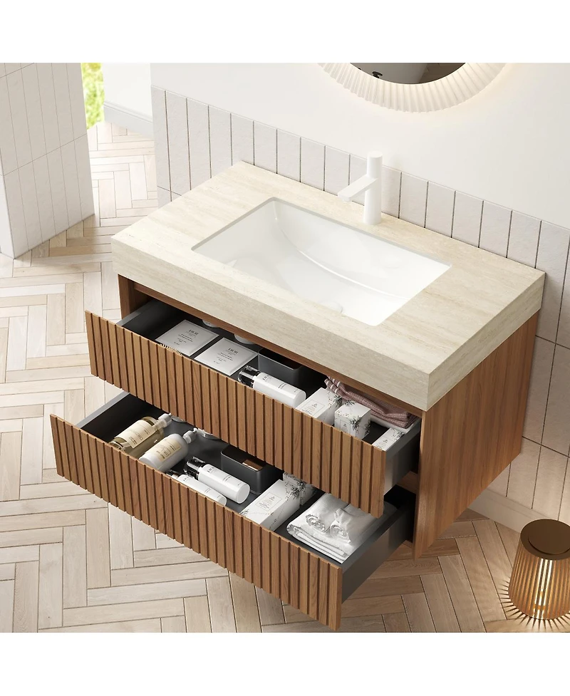 Sillysis Floating Bathroom Vanity with Roma Travertine Sintered Stone Top, Solid Wood Drawer, Plywood Cabinet