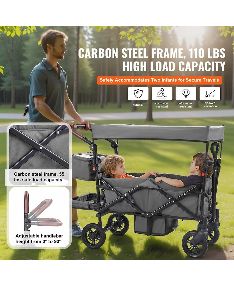 Mecale Wagon Stroller for 2 Kids, Collapsible Push Pull Quad Stroller with Adjustable Handle, Harness, Removable Canopy