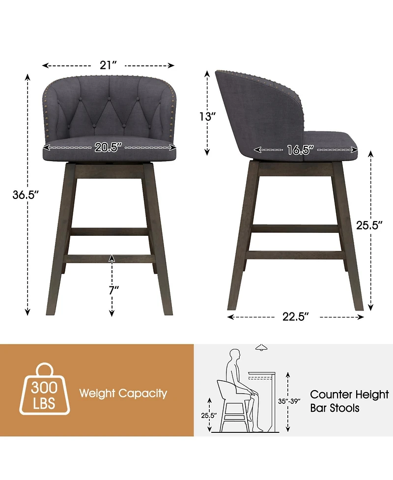 Sugift Counter Height Fabric Upholstered Bar Stools Set of 2