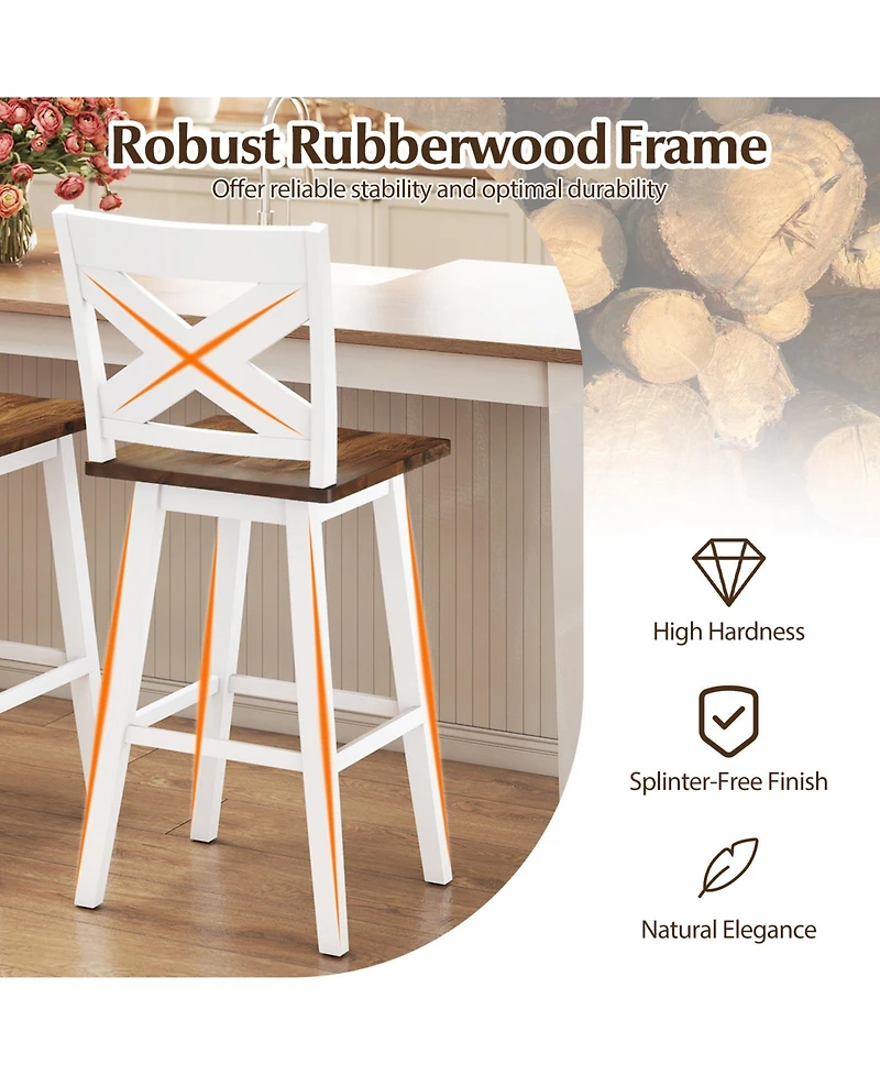 Sugift 29" Rubberwood Swivel Barstools Set of 2 with Backrest and Large Seat