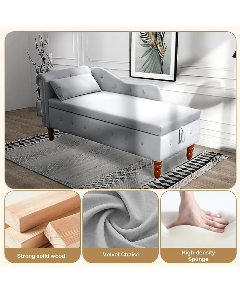 Rainsken Velvet Upholstered Chaise Lounge Chair, Modern Rolled Armrest Accent Chair with Hidden Storage, Nailhead Trim and Pillow for Living Room