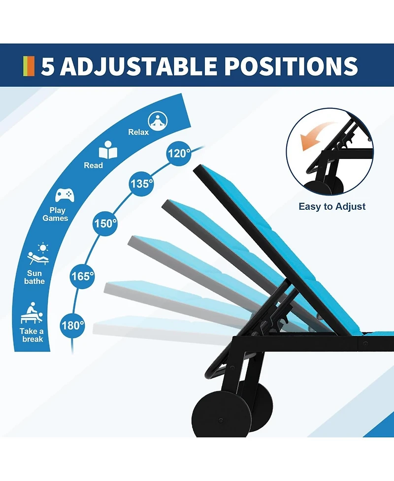 gaomon Outdoor Chaise Lounge Chairs with Wheels & Side Table Set of 3, 5-Position Adjustable Backrest Poolside