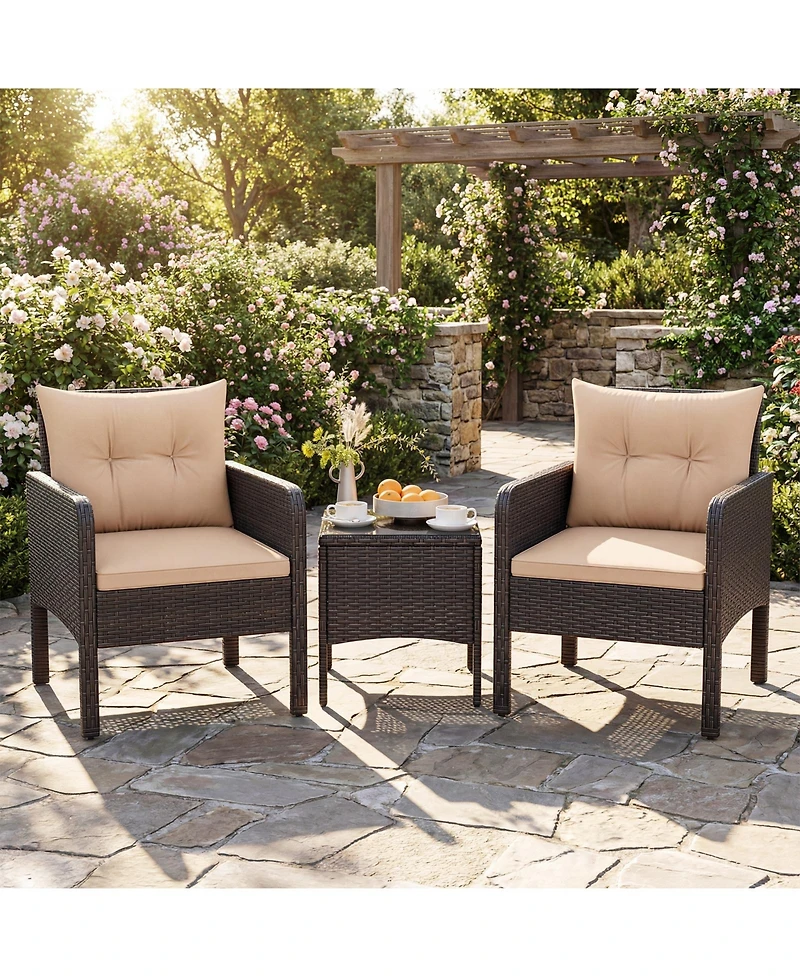 3PCS Outdoor Rattan Conversation Set Patio Furniture Cushioned Sofa Chair