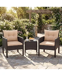 3PCS Outdoor Rattan Conversation Set Patio Furniture Cushioned Sofa Chair