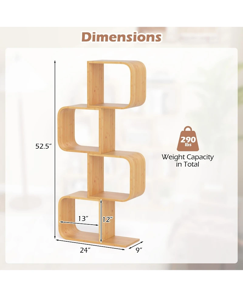 Sugift Four Tier S Shaped Bamboo Bookcase with Open Cubes