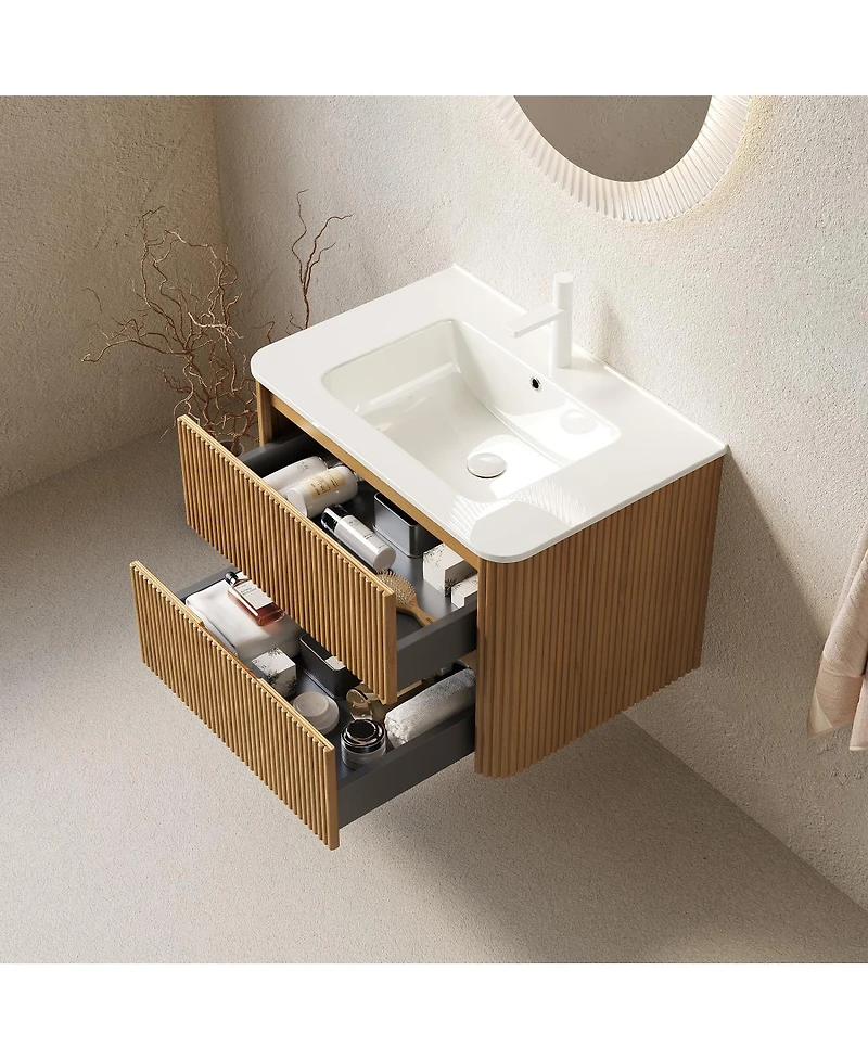 Sillysis Wall Mounted Bathroom Vanity, Integrated Ceramic Sink, Modern 2 Soft Close Drawers, Pre-Assembled