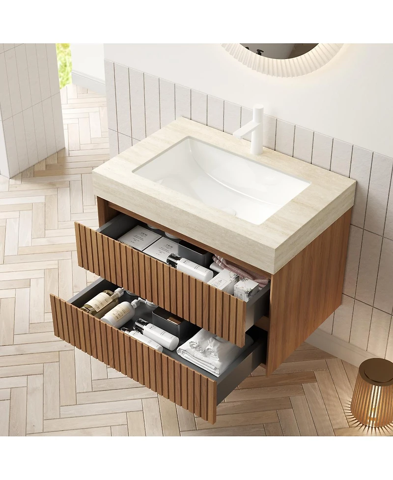 Sillysis Floating Bathroom Vanity with Roma Travertine Sintered Stone Top, Solid Wood Drawer, Plywood Cabinet, Pre-assembled