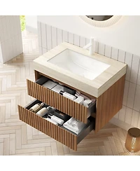 Sillysis Floating Bathroom Vanity with Roma Travertine Sintered Stone Top, Solid Wood Drawer, Plywood Cabinet, Pre-assembled
