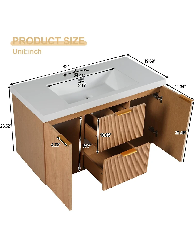 Sillysis Sink Bathroom Vanity Wall Mounted, Soft Close Drawers, Ample Storage, Smc Countertop and Wood Grain Mdf Cabinet