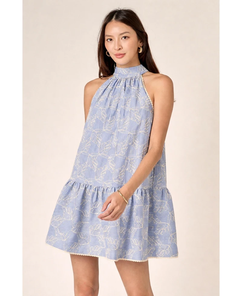 English Factory Women's Stripe with embroidered halter mini dress