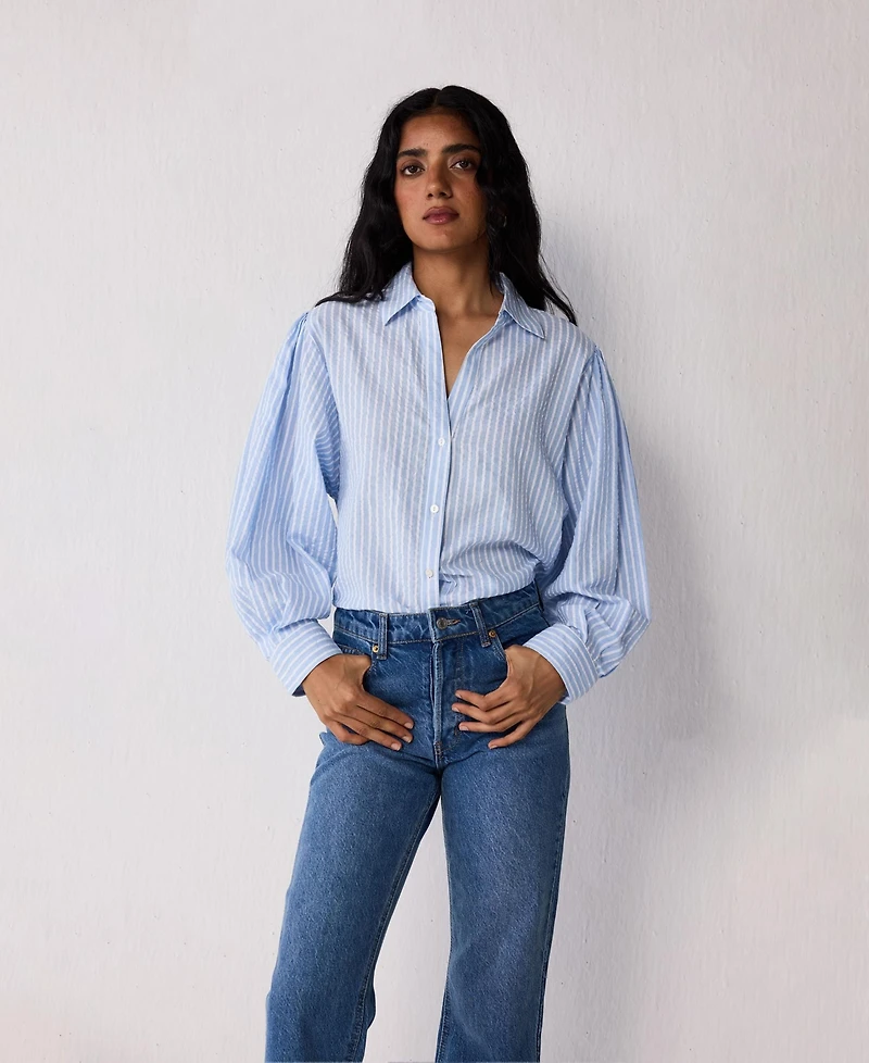 Reistor Women's Long Balloon Sleeves Striped Shirt