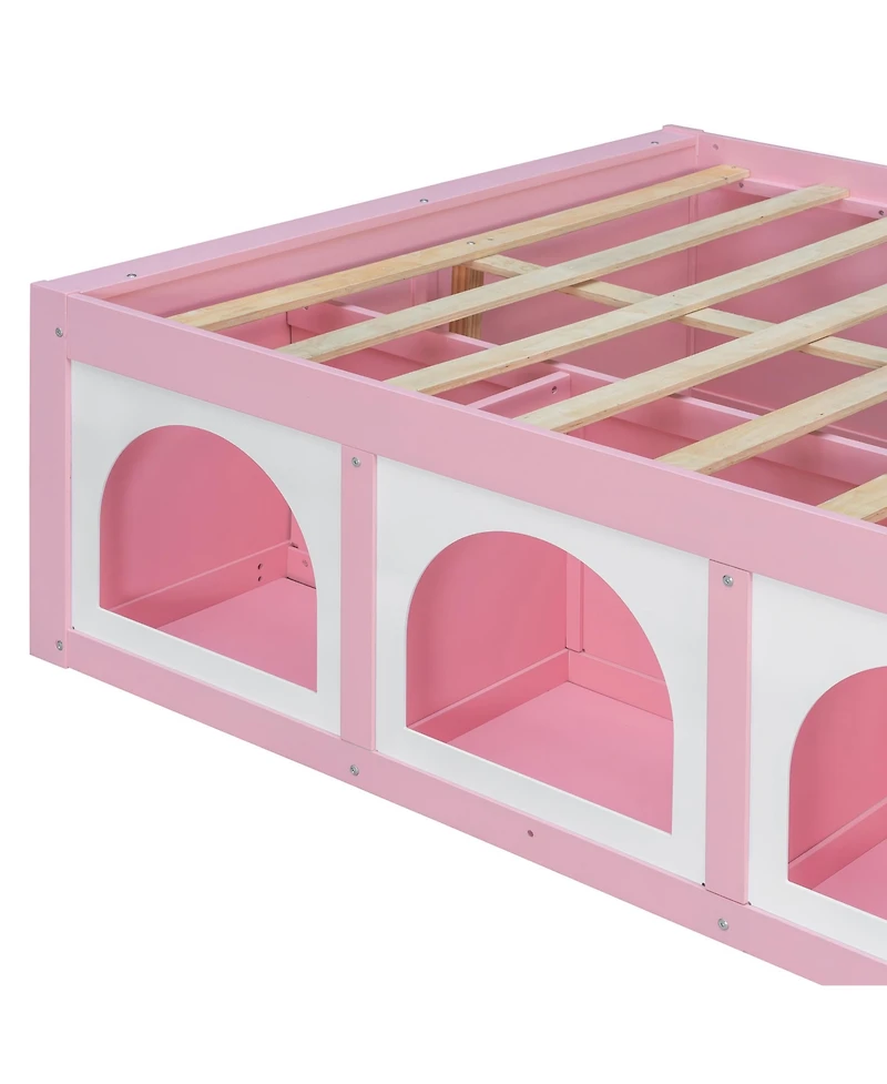 Rainsken Modern Wooden Full Size Platform Bed Frame for Kids Teens, Integrated with Bookshelf, Side Display Cabinet, Led Lighting and Storage Drawer