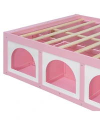 Rainsken Modern Wooden Full Size Platform Bed Frame for Kids Teens, Integrated with Bookshelf, Side Display Cabinet, Led Lighting and Storage Drawer