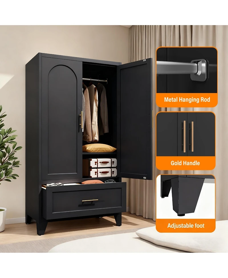 Rainsken Wardrobe Cabinet, 60" Tall Armoire Wardrobe Closet with 1 Drawer, 2 Doors and Hanging Rod, Farmhouse Clothing Storage Cabinet for Bedroom