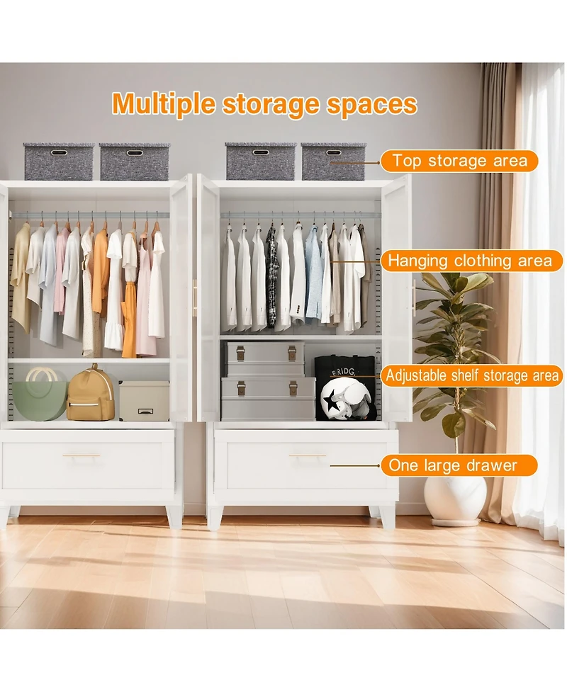 Rainsken 60 Inch Tall Farmhouse Armoire Wardrobe Closet, Clothing Storage Cabinet with 2 Doors, 1 Drawer and Hanging Rod for Bedroom