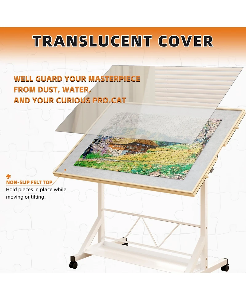 Rainsken Adjustable Puzzle Table for 1500 Pieces, 35" x 27.17" Jigsaw Station with 4 Drawers, Rolling Casters and 360degree(s) Tilting Top for Adults